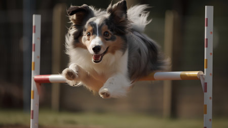 Australian shepherd jumping over a hurdle in agility competition. Horizontal shot.の素材