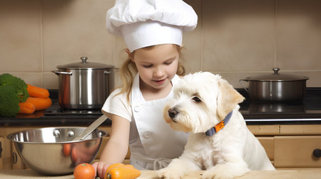 Little girl with a dog in the kitchen. The concept of cookingの素材