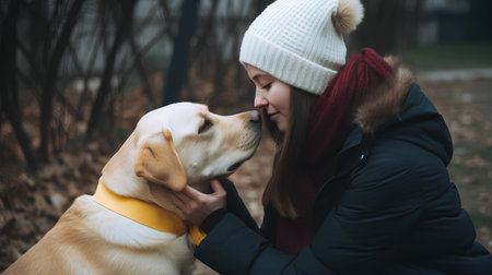 Young woman with labrador retriever dog in the park at autumn.の素材