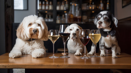 Two dogs with glasses of red and white wine sitting in a barの素材