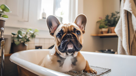 Cute french bulldog puppy taking a bath in the bathroom.の素材