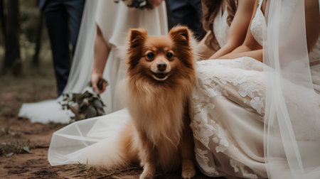 Wedding couple with dog Spitz on the background of the forestの素材
