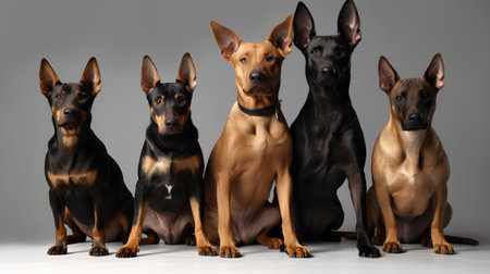 Group of beautiful doberman dogs sitting and looking at camera on grey backgroundの素材
