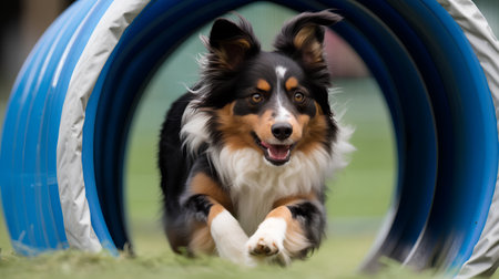 Australian shepherd dog running in agility competition. Selective focus on the dogの素材
