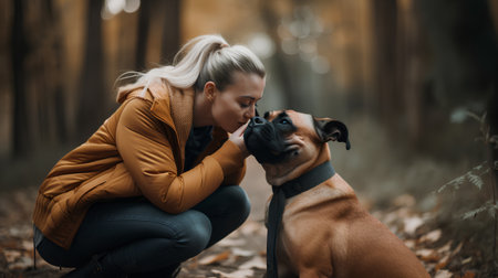 Beautiful young woman with a dog in the autumn forest. Portrait of a purebred boxer dog.の素材