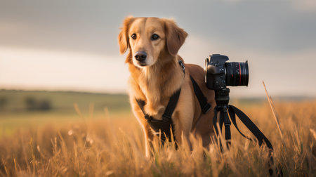 Golden Retriever puppy with a camera in the field at sunsetの素材
