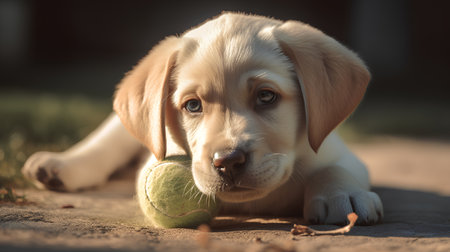 Labrador retriever puppy playing with a tennis ball in the parkの素材