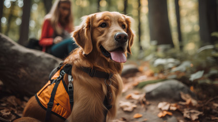 Cute Golden Retriever dog sitting in the autumn forest with his ownerの素材