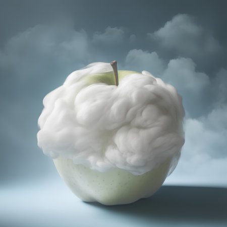 Apple with white cloud on blue background. 3d render illustration.の素材