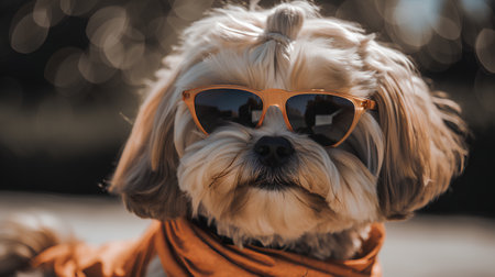 Cute Shih Tzu dog wearing orange sunglasses with bokeh backgroundの素材