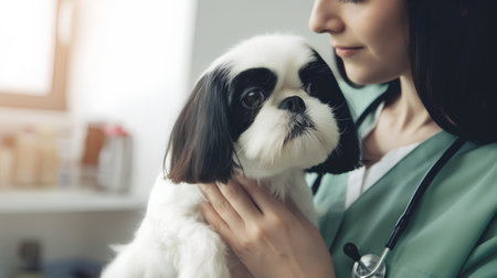 Veterinarian doctor examining cute dog in vet clinic. Animal care and medicine concept.の素材