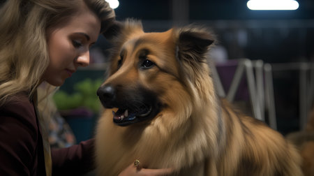 Portrait of a beautiful young woman with a dog at the showの素材