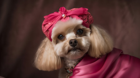 Cavalier King Charles Spaniel dog wearing a headband and a pink scarfの素材