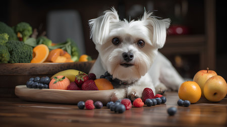 Cute Maltese dog sitting on wooden plate with fresh fruits.の素材