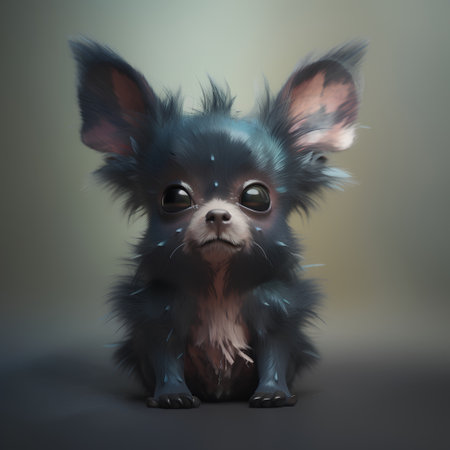 Funny chihuahua puppy with blue eyes on dark backgroundの素材