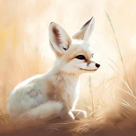 Young red fox sitting in the grass, digital painting style, illustrationの素材
