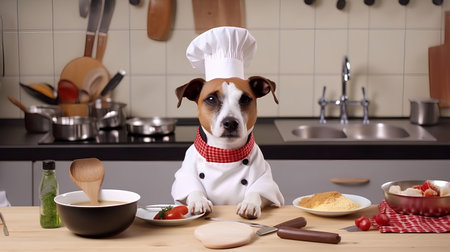 Funny dog in chef's hat and uniform in the kitchen.の素材