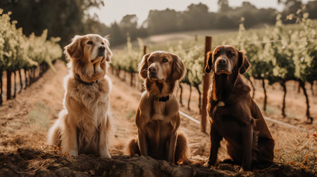 Three golden retriever dogs sitting on the ground in vineyard.の素材