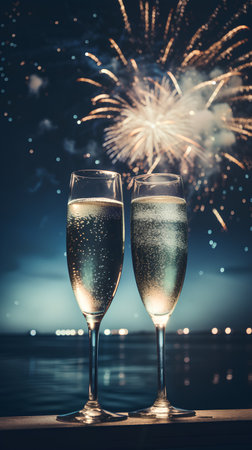 Glasses of champagne and fireworks at new year eve or Christmas celebrationの素材