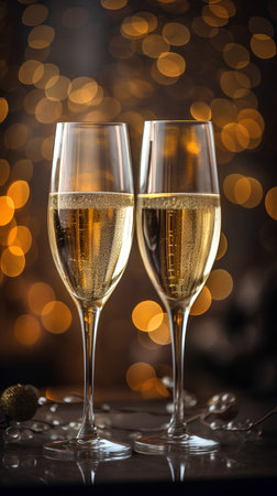 two glasses of champagne on bokeh background, new year conceptの素材