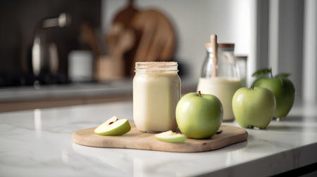 Fresh apple smoothie in glass jar and fresh apples on wooden board on kitchen countertopの素材