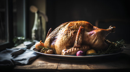 Garnished roasted turkey with rosemary, served on a rustic wooden table.の素材