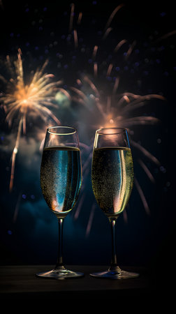 Glasses of champagne and fireworks on black background, celebration concept.の素材