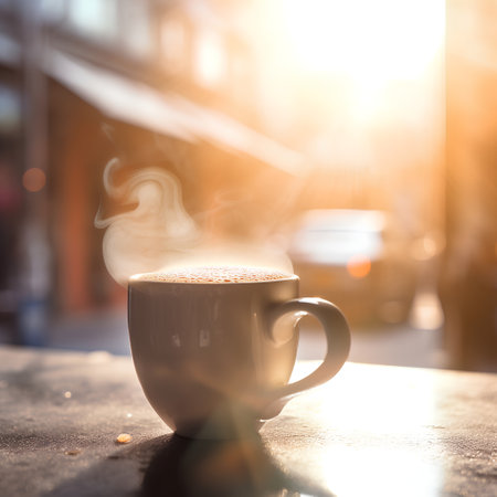 Cup of coffee on the background of the street in the morningの素材