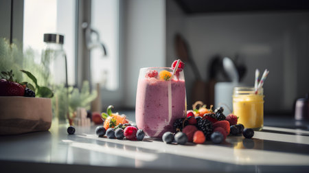 Smoothie with fresh berries on the table in the kitchen.の素材