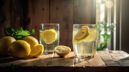 Glasses of lemonade with fresh lemons and mint on wooden tableの素材