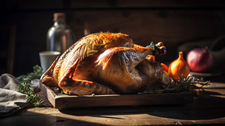 Garnished roasted turkey with rosemary and spices on a wooden backgroundの素材