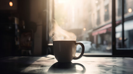 Coffee cup in coffee shop at morning time - vintage filterの素材