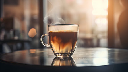 Cup of coffee on the table in coffee shop, stock photoの素材