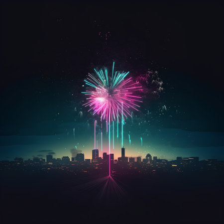 Colorful fireworks over night city background with space for text, 3D renderingの素材