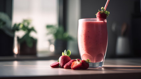 Strawberry smoothie in a glass on the kitchen table.の素材