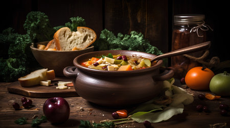 Vegetable soup in a clay pot on a wooden background.の素材
