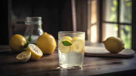 Glass of lemonade with fresh lemons and mint on wooden tableの素材