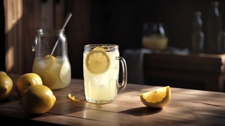 lemonade in a glass with lemon slices on a wooden tableの素材