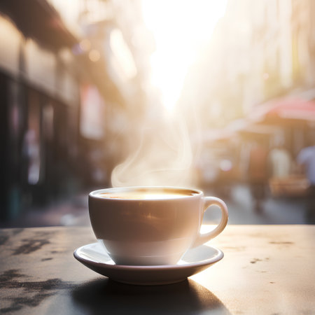 Coffee cup on the table in coffee shop, stock photoの素材
