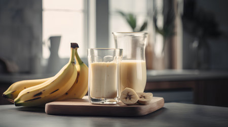 Banana milk in a glass and fresh bananas on a wooden boardの素材