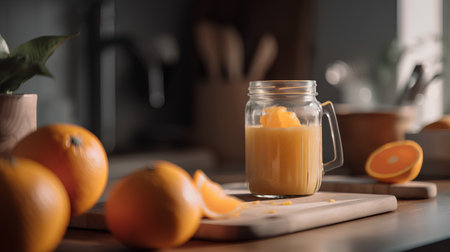Fresh orange juice in a glass jar on a kitchen countertop.の素材