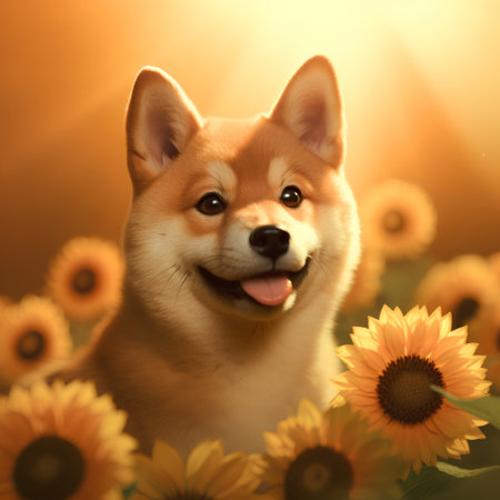 Shiba Inu dog with sunflowers on a yellow backgroundの素材