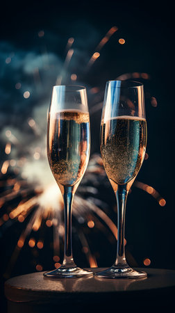 Glasses of champagne on dark background with fireworks and bokehの素材