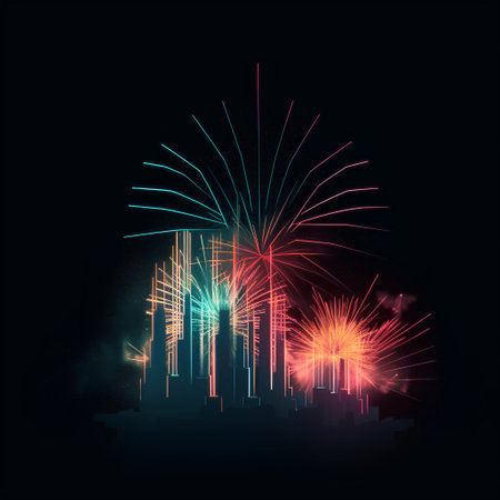 Colorful fireworks on the black sky background. 3D illustration.の素材