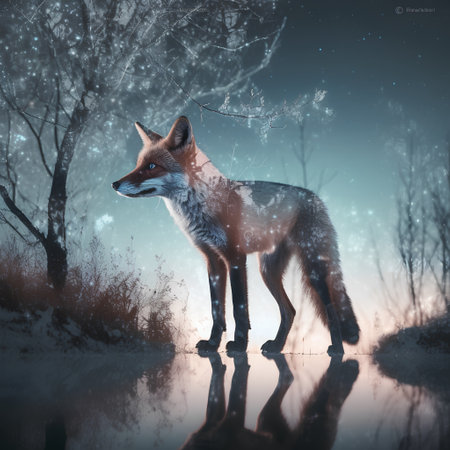 Red fox in winter forest. Digital collage with double exposure effectの素材