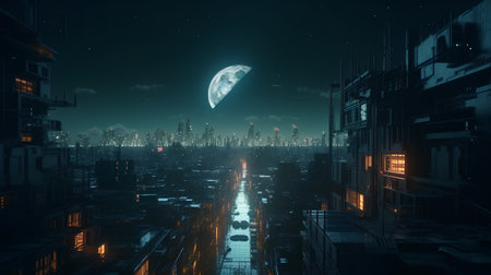 Futuristic city at night with moon and buildings, 3d renderの素材