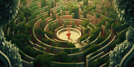 Maze with a woman in a red dress. 3d renderingの素材