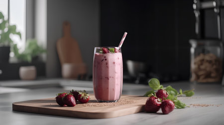Strawberry smoothie in a glass with fresh berries on a wooden boardの素材