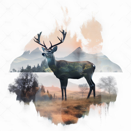 Digital painting of a wild deer in the misty landscape with mountains.の素材