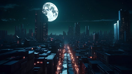 Futuristic city at night with a full moon in the skyの素材